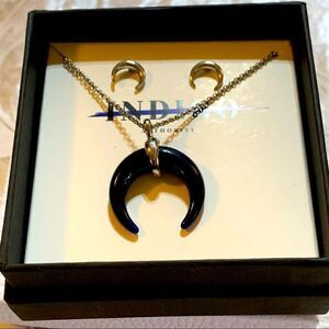 Indigo Authority Crescent Horn Necklace 22” & Pierced Earrings (for good luck)